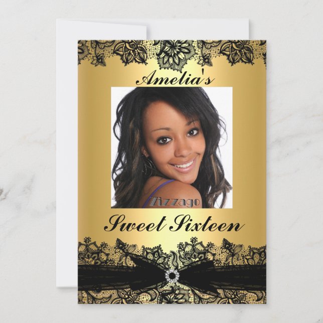 Jolie dentelle or & noir Photo Sweet 16 Invitation (Devant)