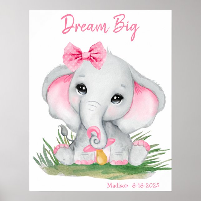 Jolie éléphant rose rêve grand Affiche personnalis (Devant)