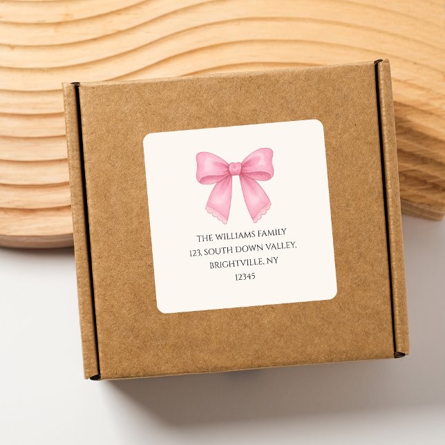 Jolie étiquette d'expéditeur à l'aquarelle rose co (Cute Watercolor Pink Bow Coquette return address Square Sticker)