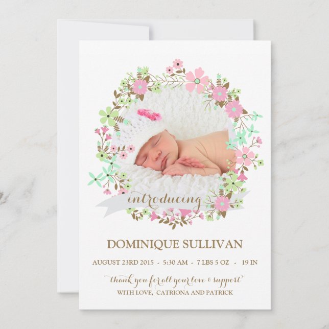 JOLIE FAIRE-PART DE NAISSANCE PHOTO FLORAL WREATT (Devant)
