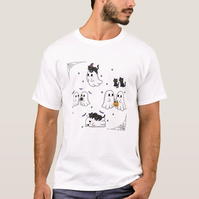Jolie Fantôme et Chat Noir Amis Halloween T-Shirt (Devant)