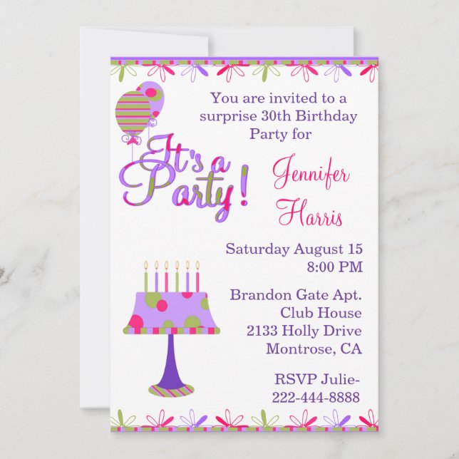 Jolie Feminine Anniversaire Fête Invitation (Devant)