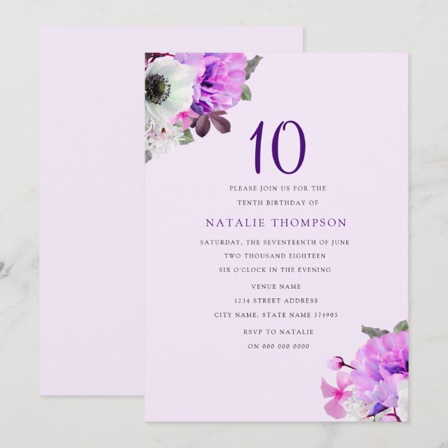 Jolie Fleur violette Fille 10e Invitation d'annive (Devant / Derrière)