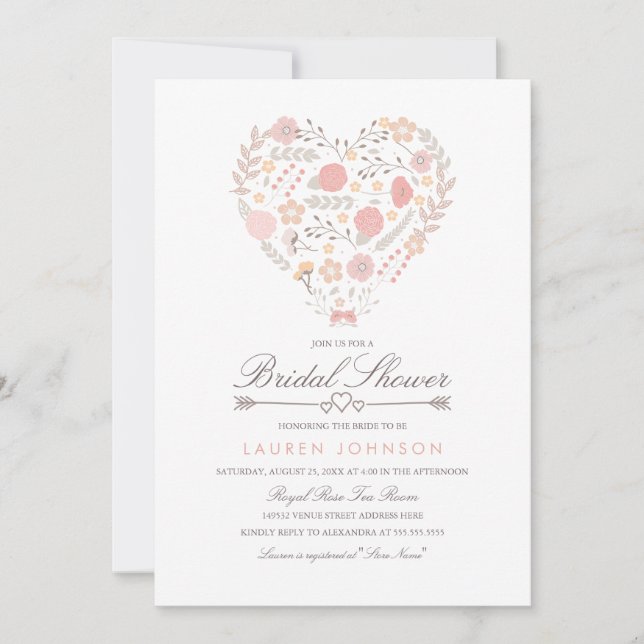 Jolie Floral Coeur nuptiale Invitation de douche (Devant)