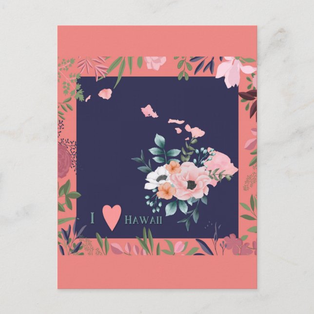 Jolie Floral I Love Hawaii State Map Carte Postcar (Devant)