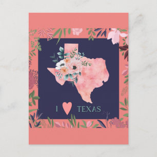 Jolie Floral I Love Texas State Map Carte Postcard