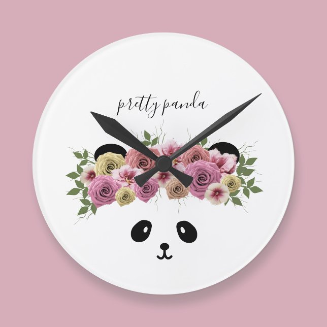 Jolie florale Panda Ours Enfants Horloge (A pretty panda bear with flowers in her hair. Just add your name to this cute nursery clock)