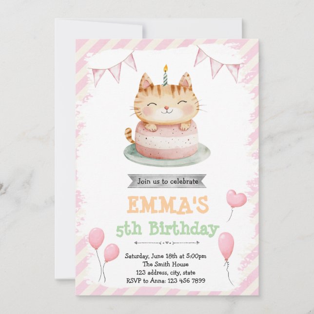 Jolie invitation à l'anniversaire du chat (Devant)