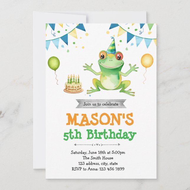 Jolie invitation d'anniversaire à la grenouille (Devant)