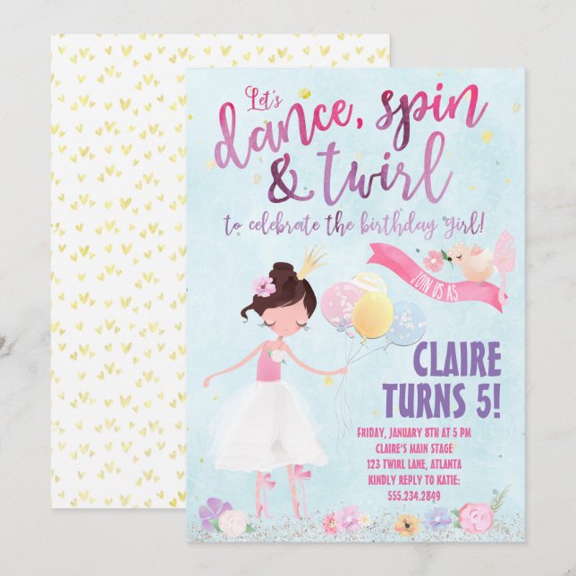 Jolie invitation d'anniversaire Ballerina (Devant / Derrière)