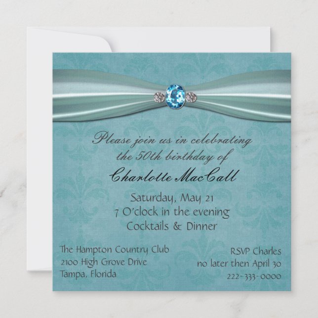 Jolie invitation d'anniversaire de damassé d'Aqua (Devant)
