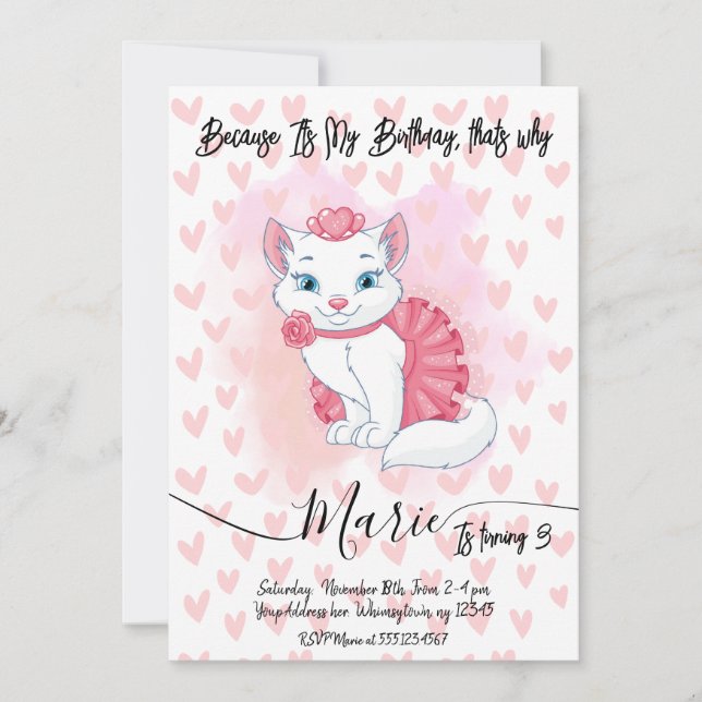 Jolie invitation d'anniversaire de fille de chat. (Devant)