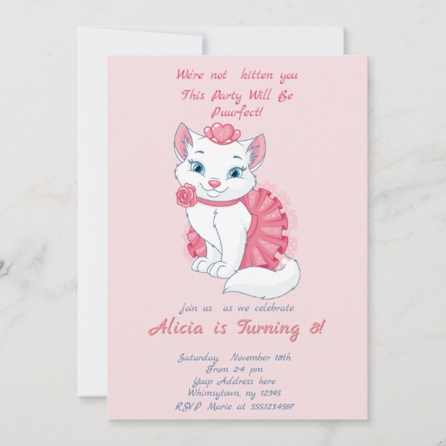 Jolie invitation d'anniversaire de fille rose chat (Devant)
