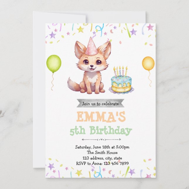 Jolie invitation d'anniversaire de renard (Devant)