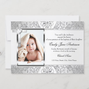 Jolie invitation de baptême photo en Damassé & Cro