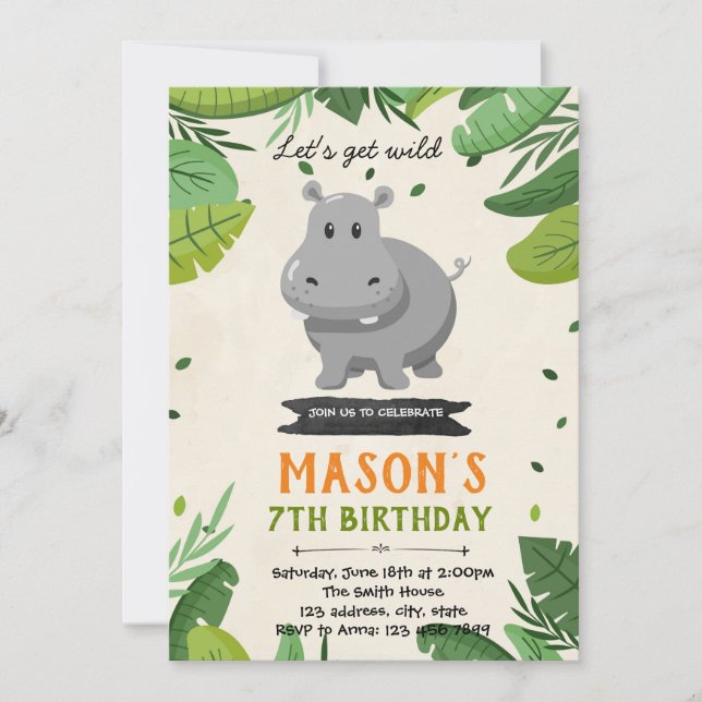Jolie invitation de fête d'anniversaire hippo (Devant)