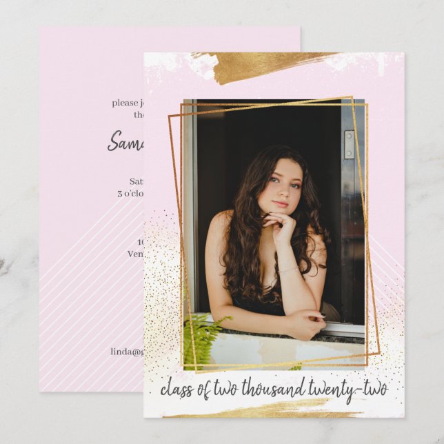 Jolie invitation de graduation encadrée rose et or (Devant / Derrière)