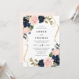Jolie invitation de mariage florale Navy Blush Rus