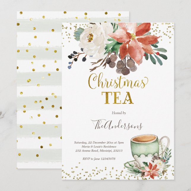 Jolie invitation de Noël Tea Party (Devant / Derrière)