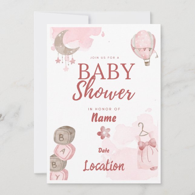 Jolie invitation en Baby shower rose (Devant)