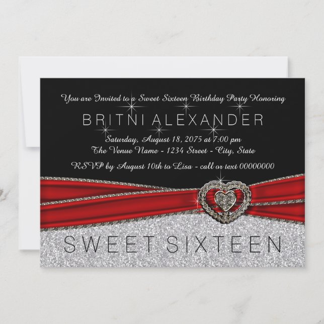 Jolie invitation pour un Sweet 16 rouge, noir et a (Devant)