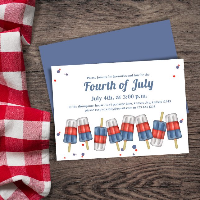 Jolie invitation pour une fête d'été du 4 juillet  (Summer Fourth of July Popsicle invitation with cute confetti)