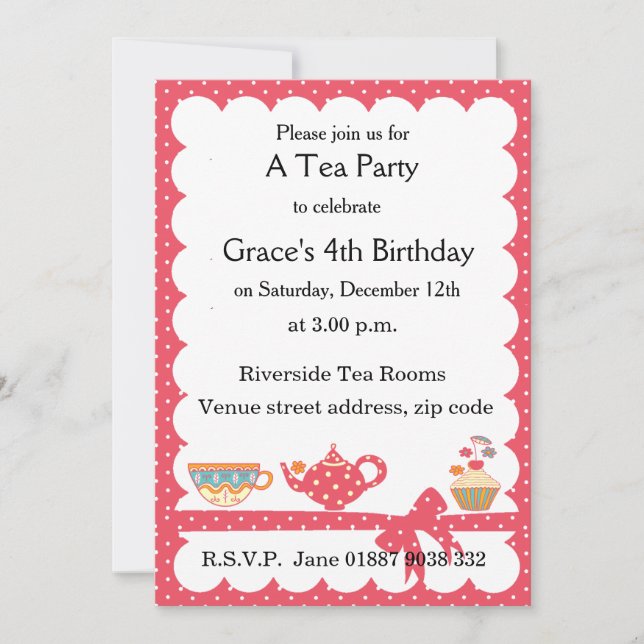 Jolie invitation Tea Party pour enfants (Devant)