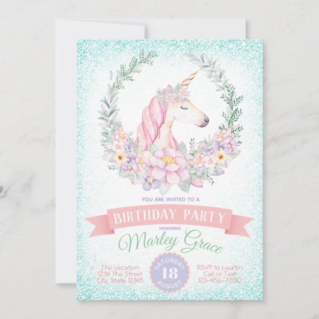 Jolie licorne Anniversaire Invitations (Devant)