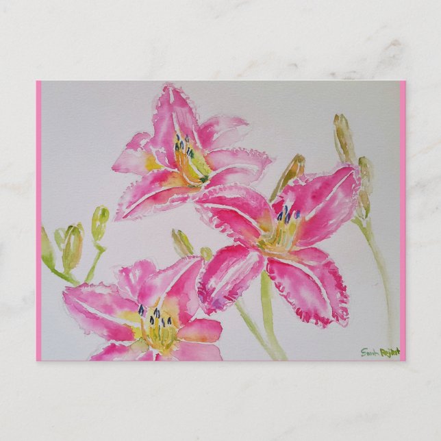 Jolie Lily Dans Pink Aquarelle Peinture Carte Post (Devant)