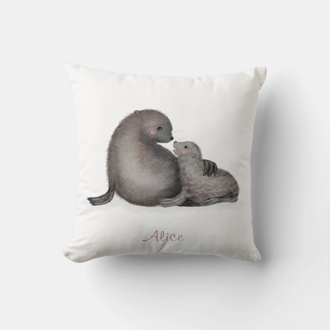 Jolie mère et bébé phoques à fourrure coussin de p (Recto)