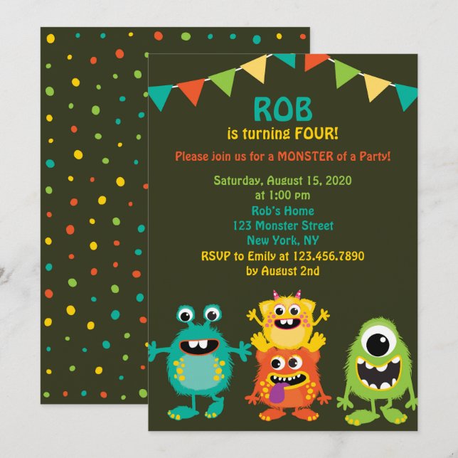 Jolie Monstres Invitation de fête d'anniversaire (Devant / Derrière)