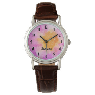 Jolie montre rose florale avec nom personnalisé