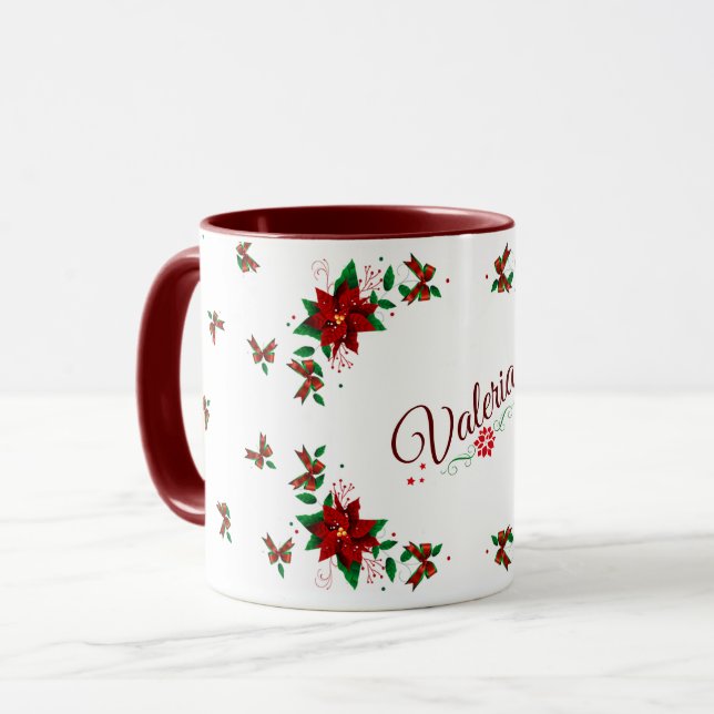Jolie Mug personnalisée aux fleurs rouges de Noël (Devant gauche)
