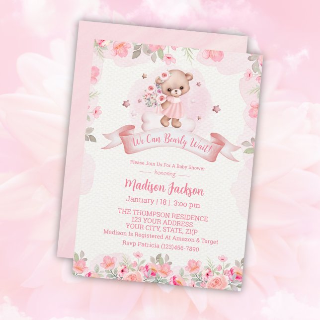 Jolie Ours Floral Girls Baby shower Invitation (Créateur téléchargé)