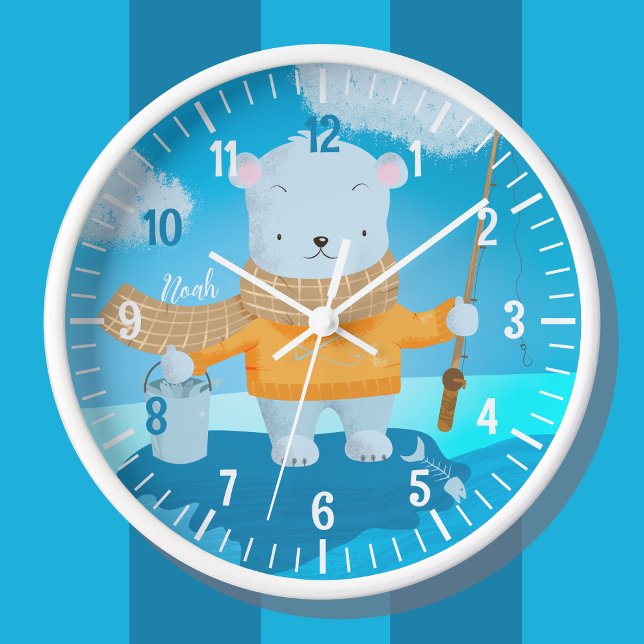 Jolie pêche Ours polaire Kid Horloge murale avec n (Créateur téléchargé)