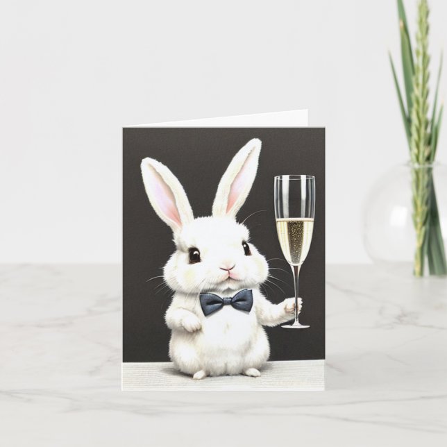 Jolie petite carte de lapin avec du champagne (Devant)