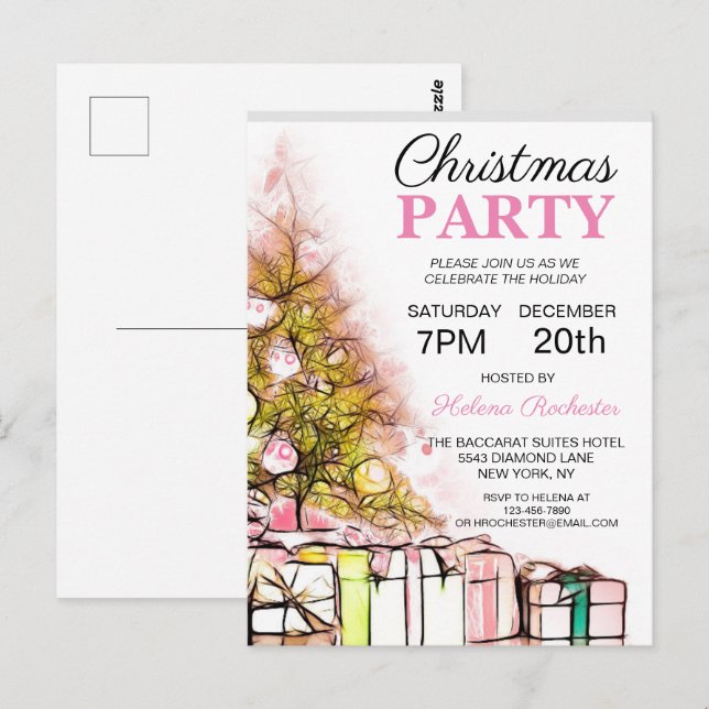 Jolie Pink Christmas Tree Invitation de vacances (Devant / Derrière)