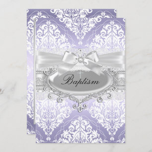 Jolie Purple Damask Bow Baptism Invitation