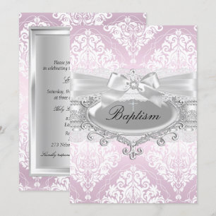 Jolie rose Damask & Bow Baptism Invitation