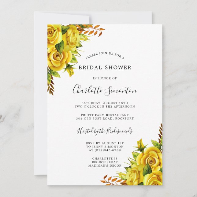 Jolie Rose Jaune Floral Douche nuptiale Invitation (Devant)