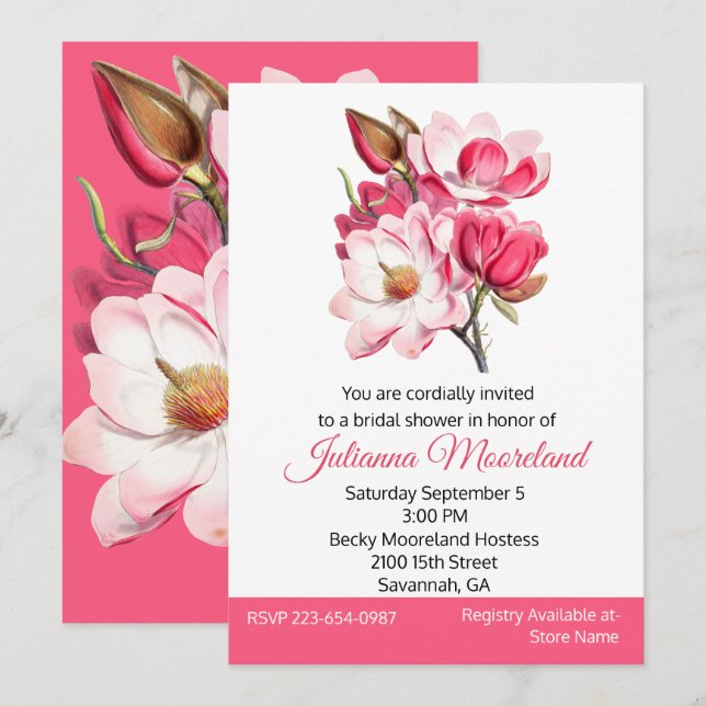 Jolie rose Magnolias Invitation de douche nuptiale (Devant / Derrière)