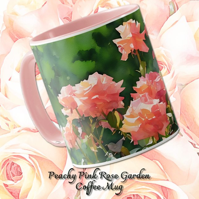 Jolie rose rose Roses Jardin Art Mug Cup (Peachy pink rose garden in a watercolor style art on a stylish mug.)