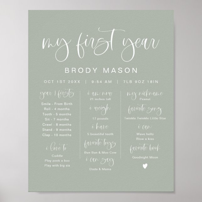 JOLIE Sage Green Boho Boy First Birthday Milestone Poster (Front)