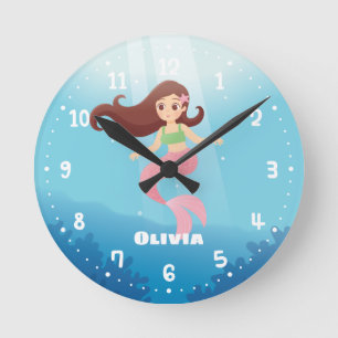 Jolie Sirène Filles Chambre Décor Mur Horloge