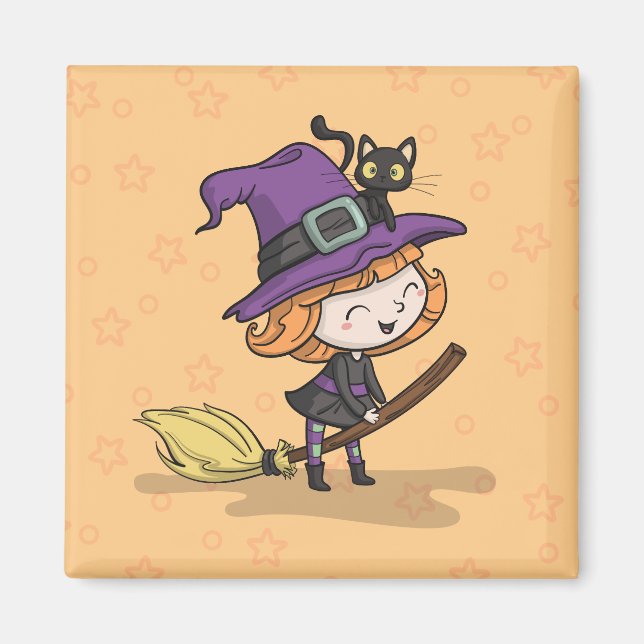 Jolie sorcière d'Halloween et chat | Magnet (Devant)