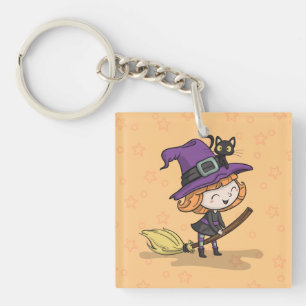 Jolie sorcière d'Halloween et chat   Porte-clé