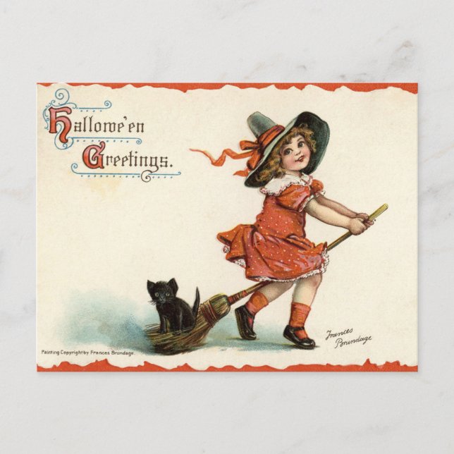 Jolie sorcière Vintage sur Broom Halloween carte p (Devant)