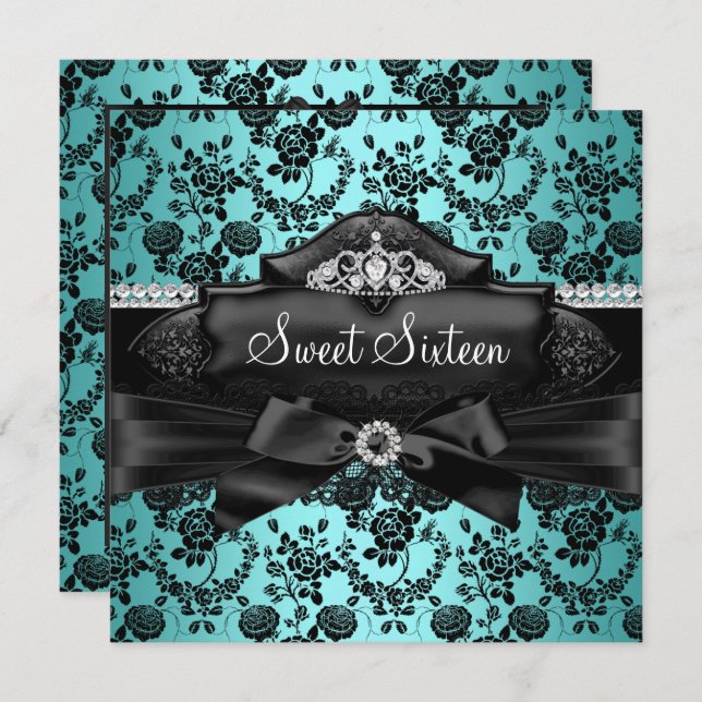 Jolie Tiara & Bow Turquoise Sweet 16 Invitation (Devant / Derrière)