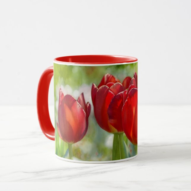 Jolie Tulip Rouge Fleurs Art Mug Cup (Devant gauche)