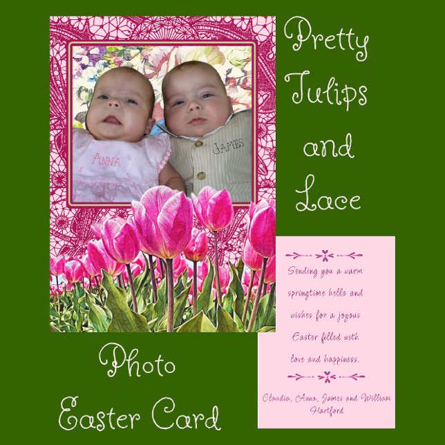 Jolie Tulipes et Elégante Photo de dentelle Carte  (Easily add your photo to create this beautiful Easter card.)